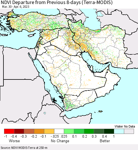 Middle East and Turkey NDVI Departure from Previous 8-days (Terra-MODIS) Thematic Map For 3/30/2023 - 4/6/2023
