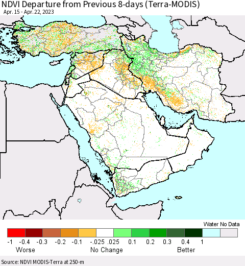 Middle East and Turkey NDVI Departure from Previous 8-days (Terra-MODIS) Thematic Map For 4/15/2023 - 4/22/2023