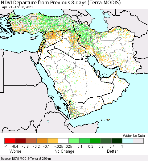 Middle East and Turkey NDVI Departure from Previous 8-days (Terra-MODIS) Thematic Map For 4/23/2023 - 4/30/2023