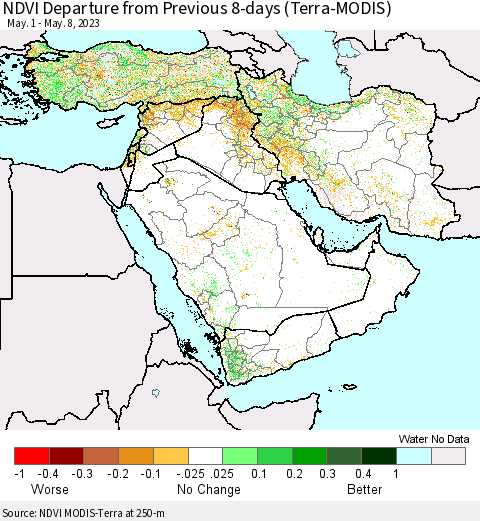 Middle East and Turkey NDVI Departure from Previous 8-days (Terra-MODIS) Thematic Map For 5/1/2023 - 5/8/2023