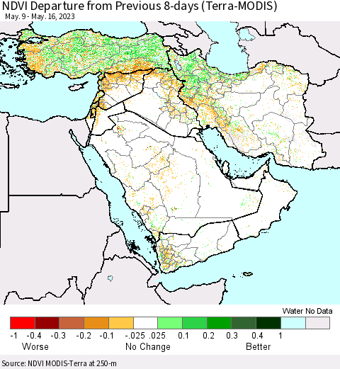 Middle East and Turkey NDVI Departure from Previous 8-days (Terra-MODIS) Thematic Map For 5/9/2023 - 5/16/2023