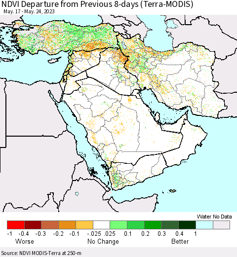 Middle East and Turkey NDVI Departure from Previous 8-days (Terra-MODIS) Thematic Map For 5/17/2023 - 5/24/2023