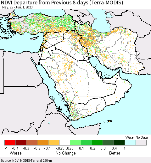 Middle East and Turkey NDVI Departure from Previous 8-days (Terra-MODIS) Thematic Map For 5/25/2023 - 6/1/2023