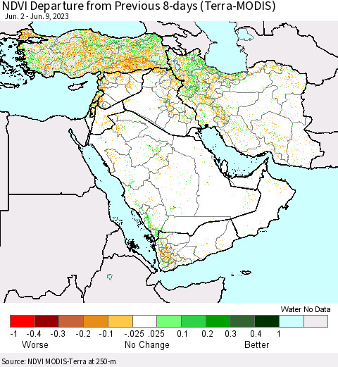 Middle East and Turkey NDVI Departure from Previous 8-days (Terra-MODIS) Thematic Map For 6/2/2023 - 6/9/2023