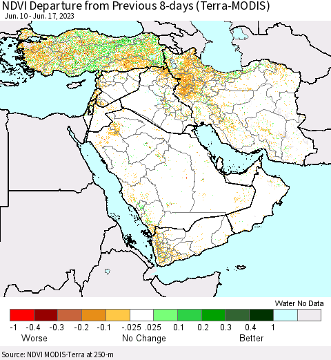 Middle East and Turkey NDVI Departure from Previous 8-days (Terra-MODIS) Thematic Map For 6/10/2023 - 6/17/2023