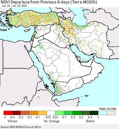 Middle East and Turkey NDVI Departure from Previous 8-days (Terra-MODIS) Thematic Map For 6/18/2023 - 6/25/2023
