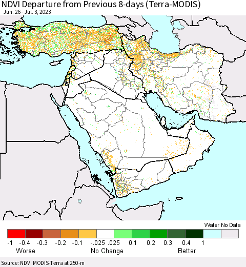 Middle East and Turkey NDVI Departure from Previous 8-days (Terra-MODIS) Thematic Map For 6/26/2023 - 7/3/2023
