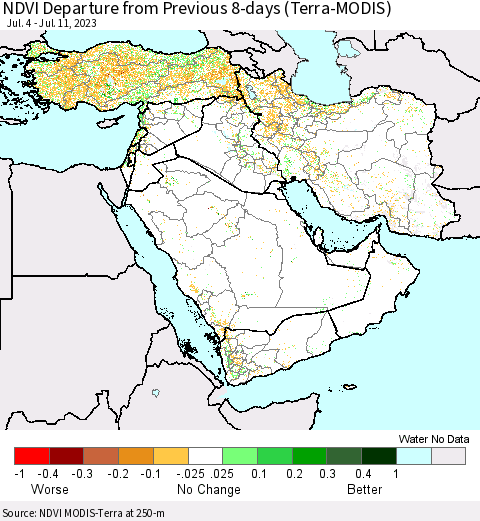 Middle East and Turkey NDVI Departure from Previous 8-days (Terra-MODIS) Thematic Map For 7/4/2023 - 7/11/2023