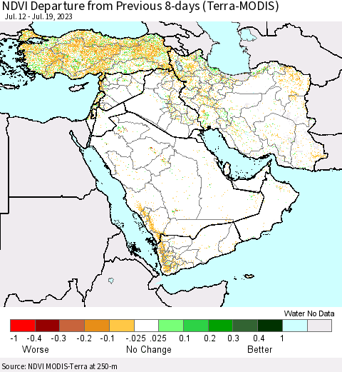 Middle East and Turkey NDVI Departure from Previous 8-days (Terra-MODIS) Thematic Map For 7/12/2023 - 7/19/2023
