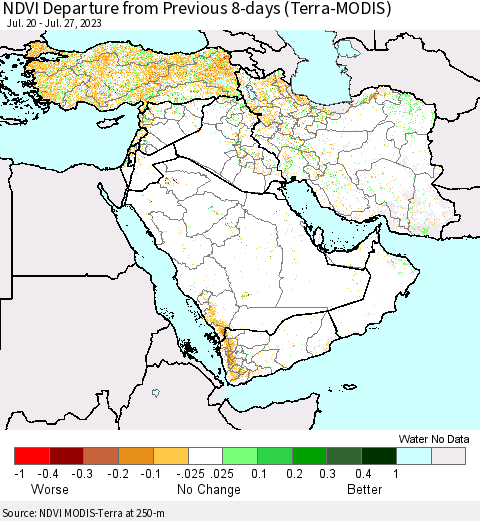 Middle East and Turkey NDVI Departure from Previous 8-days (Terra-MODIS) Thematic Map For 7/20/2023 - 7/27/2023