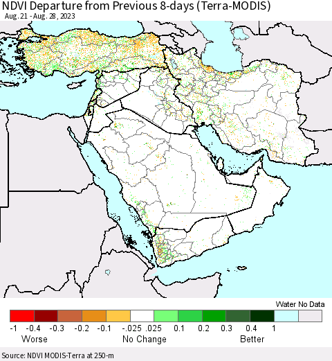 Middle East and Turkey NDVI Departure from Previous 8-days (Terra-MODIS) Thematic Map For 8/21/2023 - 8/28/2023