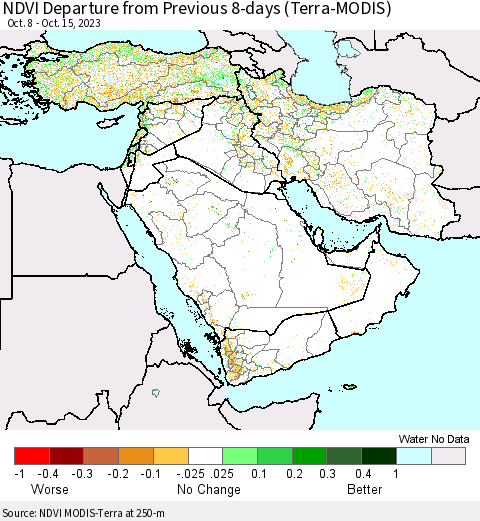 Middle East and Turkey NDVI Departure from Previous 8-days (Terra-MODIS) Thematic Map For 10/8/2023 - 10/15/2023