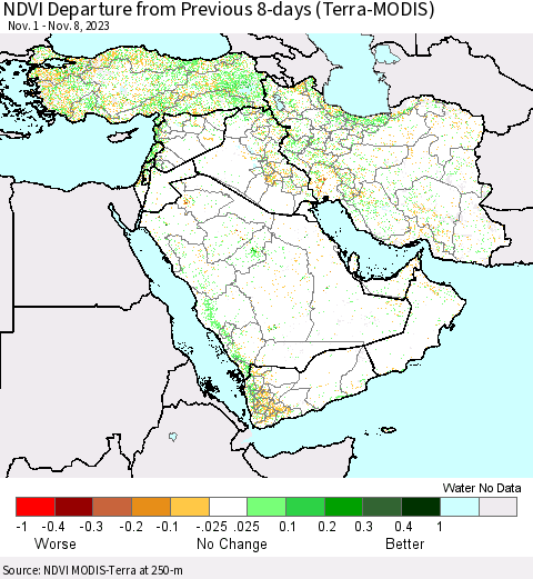 Middle East and Turkey NDVI Departure from Previous 8-days (Terra-MODIS) Thematic Map For 11/1/2023 - 11/8/2023