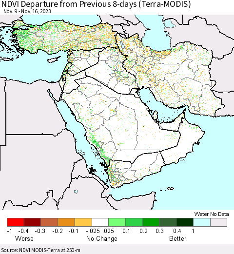 Middle East and Turkey NDVI Departure from Previous 8-days (Terra-MODIS) Thematic Map For 11/9/2023 - 11/16/2023