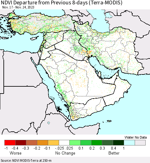 Middle East and Turkey NDVI Departure from Previous 8-days (Terra-MODIS) Thematic Map For 11/17/2023 - 11/24/2023
