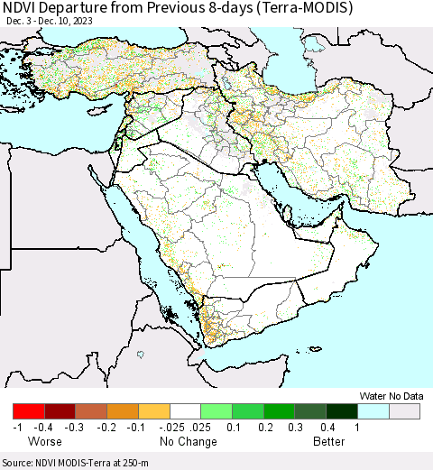 Middle East and Turkey NDVI Departure from Previous 8-days (Terra-MODIS) Thematic Map For 12/3/2023 - 12/10/2023