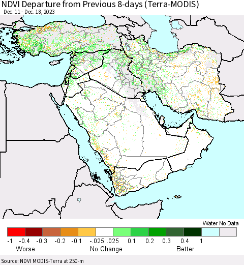Middle East and Turkey NDVI Departure from Previous 8-days (Terra-MODIS) Thematic Map For 12/11/2023 - 12/18/2023