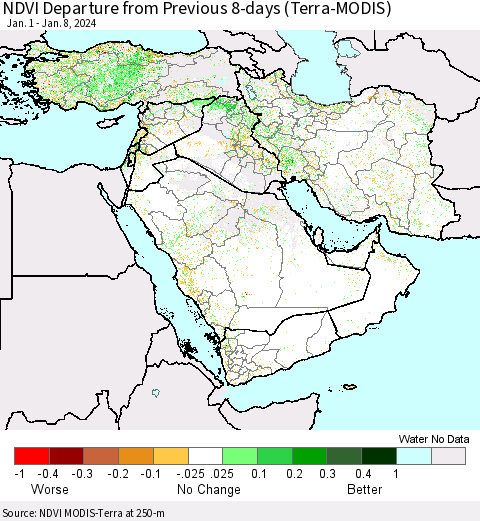 Middle East and Turkey NDVI Departure from Previous 8-days (Terra-MODIS) Thematic Map For 1/1/2024 - 1/8/2024