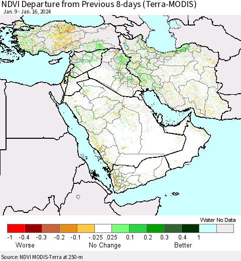 Middle East and Turkey NDVI Departure from Previous 8-days (Terra-MODIS) Thematic Map For 1/9/2024 - 1/16/2024