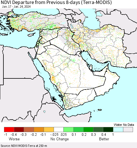 Middle East and Turkey NDVI Departure from Previous 8-days (Terra-MODIS) Thematic Map For 1/17/2024 - 1/24/2024