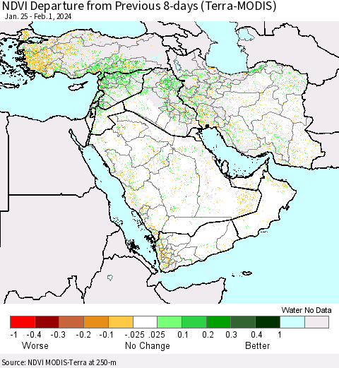 Middle East and Turkey NDVI Departure from Previous 8-days (Terra-MODIS) Thematic Map For 1/25/2024 - 2/1/2024