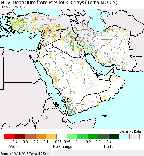 Middle East and Turkey NDVI Departure from Previous 8-days (Terra-MODIS) Thematic Map For 2/2/2024 - 2/9/2024