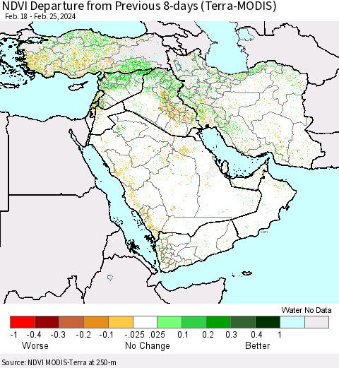 Middle East and Turkey NDVI Departure from Previous 8-days (Terra-MODIS) Thematic Map For 2/18/2024 - 2/25/2024