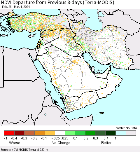 Middle East and Turkey NDVI Departure from Previous 8-days (Terra-MODIS) Thematic Map For 2/26/2024 - 3/4/2024