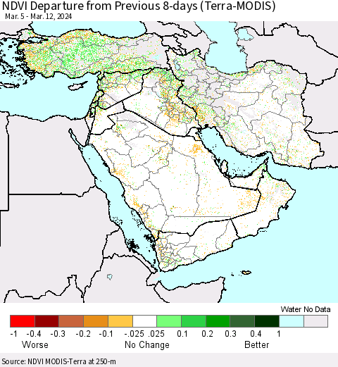 Middle East and Turkey NDVI Departure from Previous 8-days (Terra-MODIS) Thematic Map For 3/5/2024 - 3/12/2024