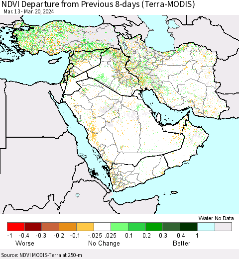Middle East and Turkey NDVI Departure from Previous 8-days (Terra-MODIS) Thematic Map For 3/13/2024 - 3/20/2024