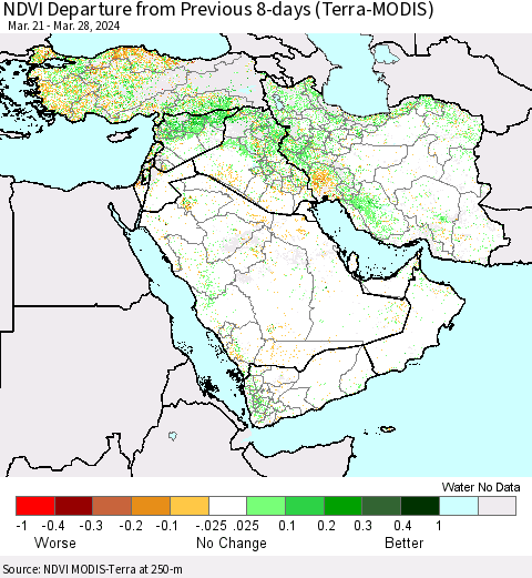 Middle East and Turkey NDVI Departure from Previous 8-days (Terra-MODIS) Thematic Map For 3/21/2024 - 3/28/2024