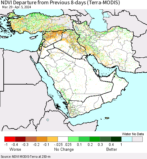 Middle East and Turkey NDVI Departure from Previous 8-days (Terra-MODIS) Thematic Map For 3/29/2024 - 4/5/2024