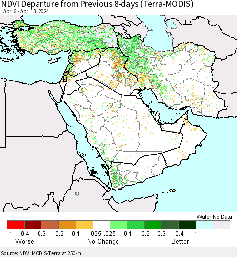 Middle East and Turkey NDVI Departure from Previous 8-days (Terra-MODIS) Thematic Map For 4/6/2024 - 4/13/2024