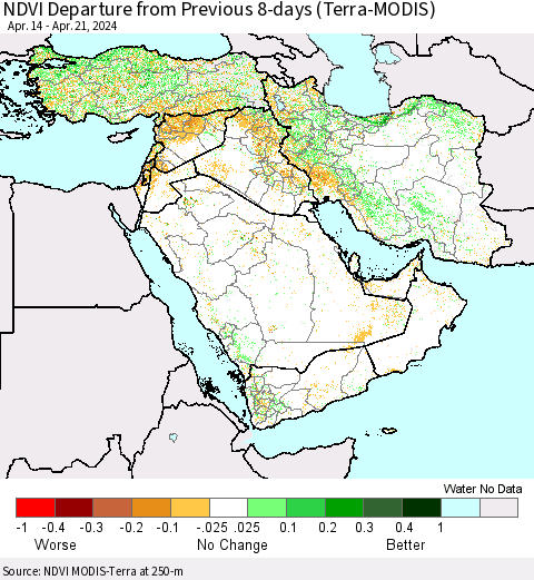 Middle East and Turkey NDVI Departure from Previous 8-days (Terra-MODIS) Thematic Map For 4/14/2024 - 4/21/2024
