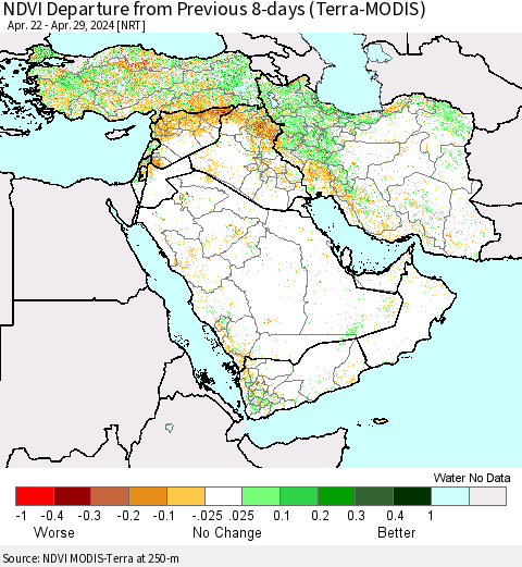 Middle East and Turkey NDVI Departure from Previous 8-days (Terra-MODIS) Thematic Map For 4/22/2024 - 4/29/2024