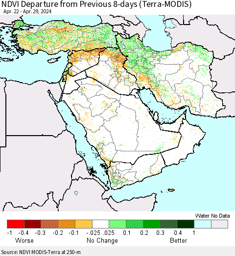 Middle East and Turkey NDVI Departure from Previous 8-days (Terra-MODIS) Thematic Map For 4/22/2024 - 4/29/2024