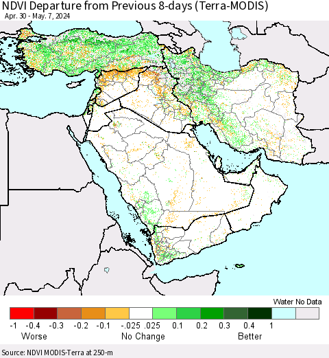 Middle East and Turkey NDVI Departure from Previous 8-days (Terra-MODIS) Thematic Map For 4/30/2024 - 5/7/2024