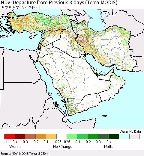 Middle East and Turkey NDVI Departure from Previous 8-days (Terra-MODIS) Thematic Map For 5/8/2024 - 5/15/2024