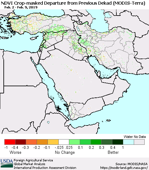 Middle East and Turkey Cropland NDVI Departure from Previous Dekad (Terra-MODIS) Thematic Map For 2/1/2019 - 2/10/2019