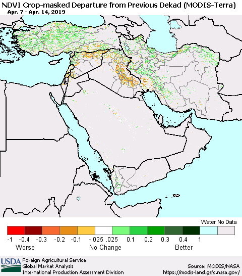 Middle East and Turkey Cropland NDVI Departure from Previous Dekad (Terra-MODIS) Thematic Map For 4/11/2019 - 4/20/2019