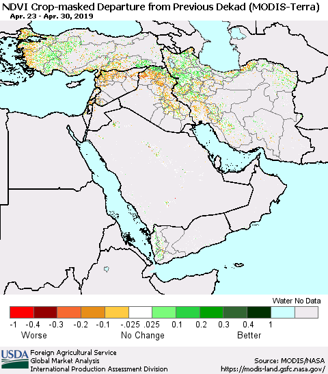 Middle East and Turkey Cropland NDVI Departure from Previous Dekad (Terra-MODIS) Thematic Map For 4/21/2019 - 4/30/2019