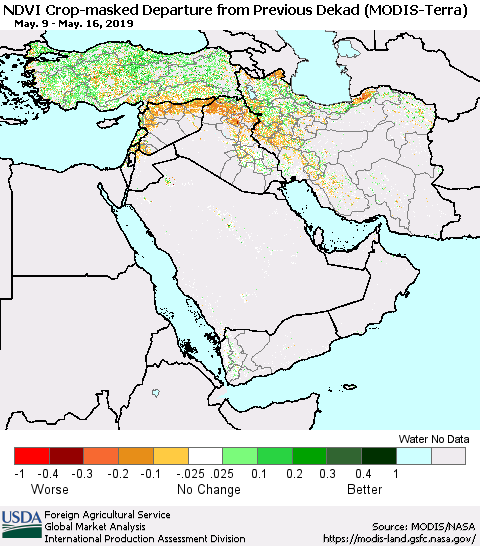 Middle East and Turkey Cropland NDVI Departure from Previous Dekad (Terra-MODIS) Thematic Map For 5/11/2019 - 5/20/2019