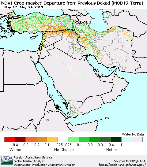 Middle East and Turkey Cropland NDVI Departure from Previous Dekad (Terra-MODIS) Thematic Map For 5/21/2019 - 5/31/2019