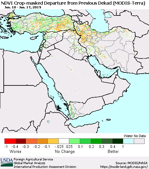 Middle East and Turkey Cropland NDVI Departure from Previous Dekad (Terra-MODIS) Thematic Map For 6/11/2019 - 6/20/2019