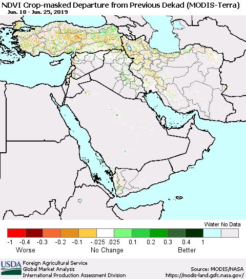 Middle East and Turkey Cropland NDVI Departure from Previous Dekad (Terra-MODIS) Thematic Map For 6/21/2019 - 6/30/2019
