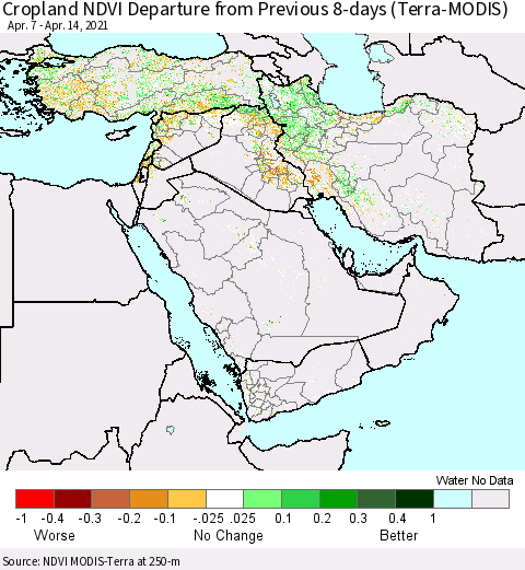 Middle East and Turkey Cropland NDVI Departure from Previous 8-days (Terra-MODIS) Thematic Map For 4/7/2021 - 4/14/2021