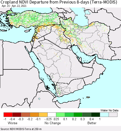 Middle East and Turkey Cropland NDVI Departure from Previous 8-days (Terra-MODIS) Thematic Map For 4/15/2021 - 4/22/2021