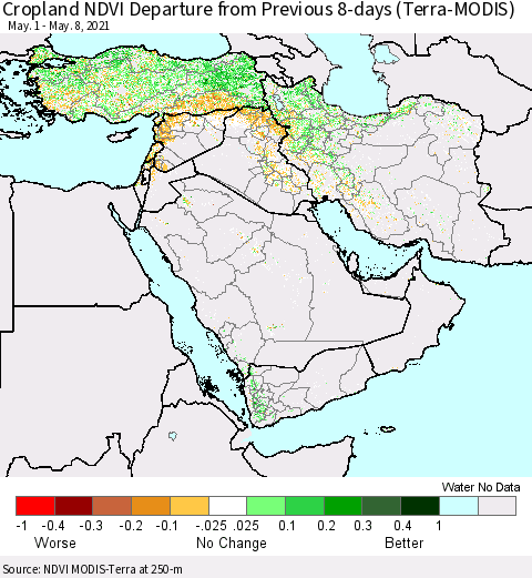 Middle East and Turkey Cropland NDVI Departure from Previous 8-days (Terra-MODIS) Thematic Map For 5/1/2021 - 5/8/2021