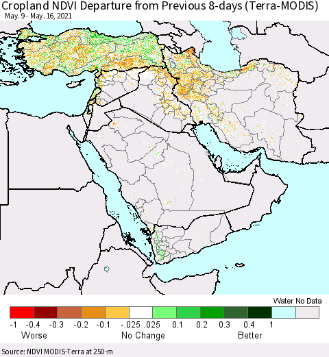 Middle East and Turkey Cropland NDVI Departure from Previous 8-days (Terra-MODIS) Thematic Map For 5/9/2021 - 5/16/2021