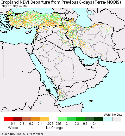 Middle East and Turkey Cropland NDVI Departure from Previous 8-days (Terra-MODIS) Thematic Map For 5/17/2021 - 5/24/2021